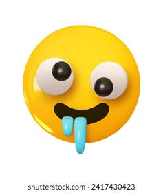 Zany Face Emoji. Very stupid and sort of drooling blue. Emotion 3d cartoon icon. Yellow round emoticon. Vector illustration