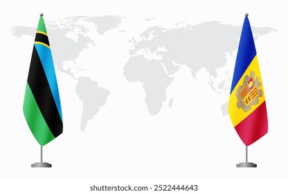 Bandeiras de Zanzibar e Andorra para reunião oficial contra fundo do mapa do mundo.