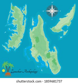 Sansibar Archipelago. Realistische Illustration der Inseln Unguja Island, Pemba Island, Mafia Insel, halb autonome Region Tansania. Straßenkarte.  