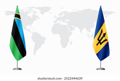 Bandeiras de Zanzibar e Barbados para reunião oficial contra fundo do mapa do mundo.