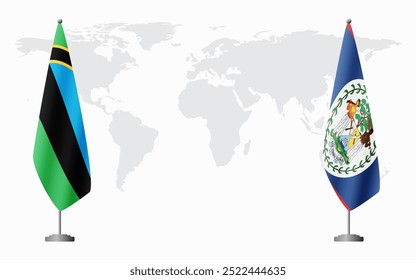 Banderas de Zanzíbar y Belice para reunión oficial con el fondo del mapa mundial.