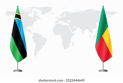 Sansibar und Benin Fahnen für offizielle Treffen vor dem Hintergrund der Weltkarte.