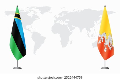 Banderas de Zanzíbar y Bután para reunión oficial con antecedentes del mapa mundial.