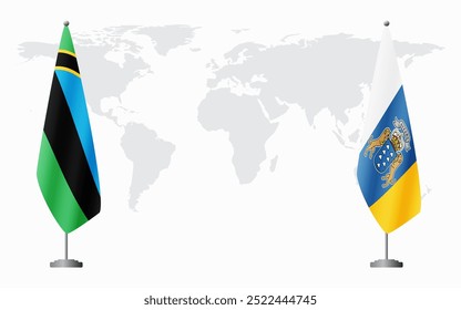 Bandeiras de Zanzibar e Ilhas Canárias para reunião oficial em segundo plano do mapa do mundo.