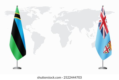 Zanzibar and Fiji flags for official meeting against background of world map.