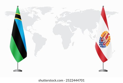 Zanzibar and French Polynesia flags for official meeting against background of world map.