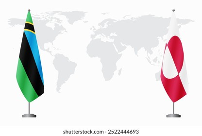 Flaggen von Sansibar und Grönland für offizielle Treffen vor dem Hintergrund der Weltkarte.