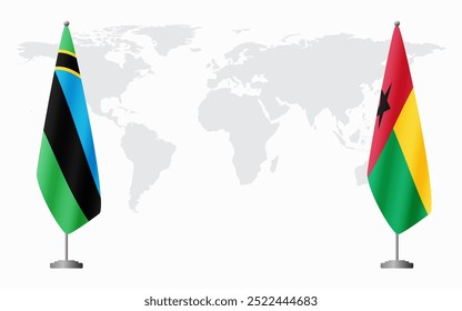 Bandeiras de Zanzibar e Guiné-Bissau para reunião oficial no fundo do mapa do mundo.