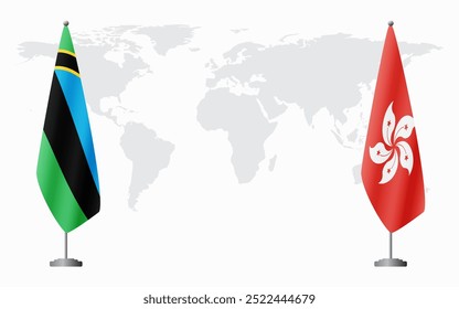 Bandeiras de Zanzibar e Hong Kong para reunião oficial contra fundo do mapa do mundo.