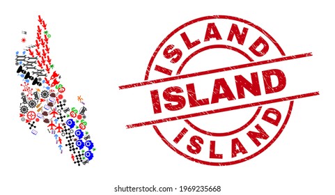 Zanzibar Island map collage and grunge Island red round seal. Island badge uses vector lines and arcs. Zanzibar Island map collage includes helmets, homes, showers, suns, men, and more icons.