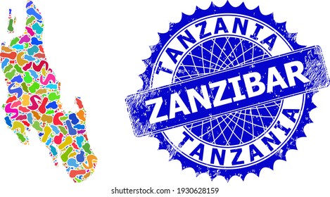 Ilustración plana del mapa de la isla de Zanzíbar. Collage al descubierto y sello de goma para el mapa de la isla de Zanzíbar. Marca azul roseta nítida con texto para el mapa de la isla de Zanzíbar.