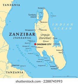 Insel Sansibar, Unguja, Tansania, politische Landkarte. Die größte, bevölkerungsreichste Insel des Archipels von Sanzibar im Indischen Ozean, durch den Kanal von Sansibar vom afrikanischen Festland getrennt. Vektorgrafik.