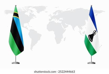 Banderas de Zanzíbar y Lesotho para reunión oficial con antecedentes del mapa mundial.