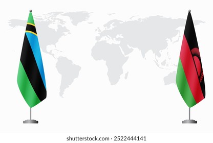 Banderas de Zanzíbar y Malaui para reunión oficial con antecedentes del mapa mundial.