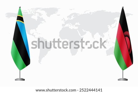 Zanzibar and Malawi flags for official meeting against background of world map.