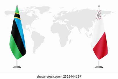 Banderas de Zanzíbar y Malta para reunión oficial con el fondo del mapa mundial.