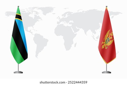 Zanzibar and Montenegro flags for official meeting against background of world map.