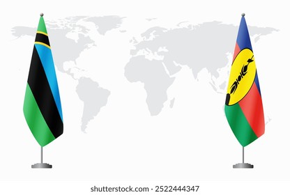 Zanzibar and New Caledonia flags for official meeting against background of world map.