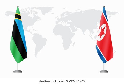Zanzibar and North Korea flags for official meeting against background of world map.