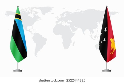 Zanzíbar y Papúa Nuevas banderas de Guinea para reunión oficial con el fondo del mapa mundial.