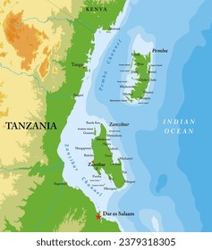 Sansibar und Pemba Inseln hochdetaillierte physikalische Karte