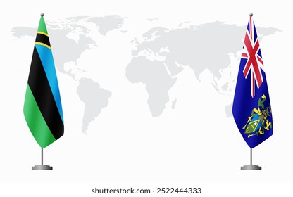 Bandeiras de Zanzibar e Ilhas Pitcairn para reunião oficial contra o fundo do mapa do mundo.