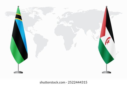 Banderas de Zanzíbar y la República Árabe Saharaui Democrática para la reunión oficial en el contexto del mapa mundial.