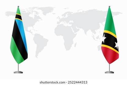 Zanzibar and Saint Kitts and Nevis flags for official meeting against background of world map.