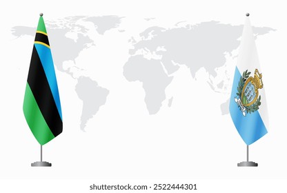 Bandeiras de Zanzibar e San Marino para reunião oficial em segundo plano do mapa do mundo.