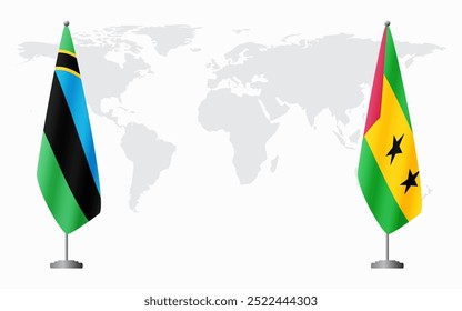 Bandeiras de Zanzibar e São Tomé e Príncipe para reunião oficial ao fundo do mapa do mundo.