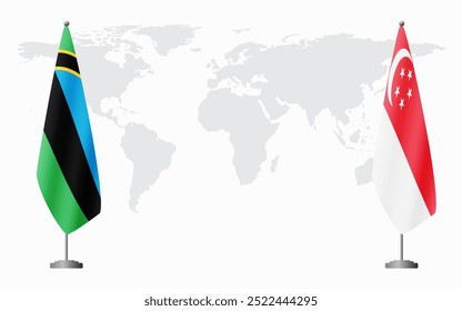 Zanzibar and Singapore flags for official meeting against background of world map.