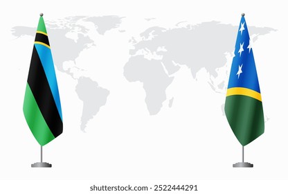 Banderas de Zanzíbar y las Islas Salomón para reunión oficial con el fondo del mapa mundial.