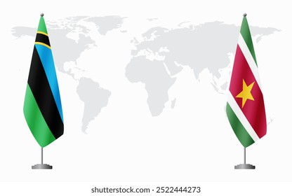 Banderas de Zanzíbar y Surinam para reunión oficial con antecedentes del mapa mundial.