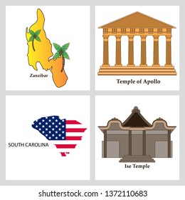 Zanzibar , Temple of Apollo ,South Carolina , Ise Temple Set of world sights
