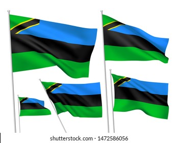 Zanzibar vector flags set. 5 different wavy fabric 3D flags fluttering on the wind. EPS 8 created using gradient meshes isolated on white background. Five design elements from world collection