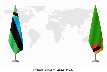 Banderas de Zanzíbar y Zambia para reunión oficial con antecedentes del mapa mundial.