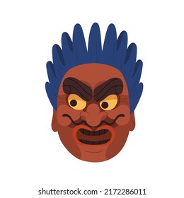 Zaoh, human noh mask of Japanese Kabuki theater. Angry man face with negative evil emotion. Asian Japan theatrical head with blue hair. Flat graphic vector illustration isolated on white background