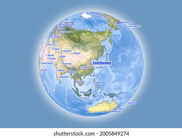 Zaozhuang-China is shown on vector globe map. The map shows Zaozhuang-China 's location in the world.