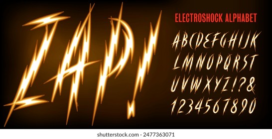 Zap! is an all-capitals and numerals alphabet with the effect of electrical arcs or lighting bolts.