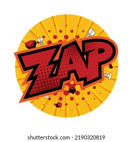 ZAP! Awesome Comic Zap text Design with halftone, dot and light effect colored for t-shirt and other Merchandise uses. typography print, vector illustration