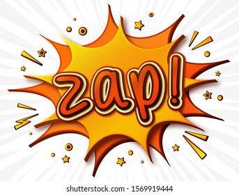 Zap Comics poster. Thought bubble and sound effects. Colorful funny banner in pop art style. Yellow-orange cartoon banner with halftone effect. Vector illustration