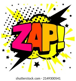 ZAP rainbow text. Explosion effect, blast comic word, boom lettering, ZAP! print, colorful surprise pop art vector illustration