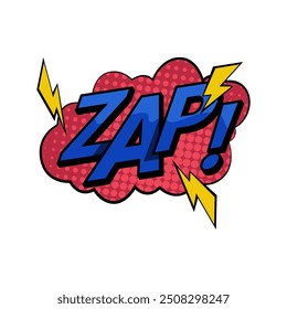 Zap word for comic book background, expression or sound effect in pop art style. Vector isolated sudden release of electricity or some similar energy. Phrase with thunderbolts and polka dot