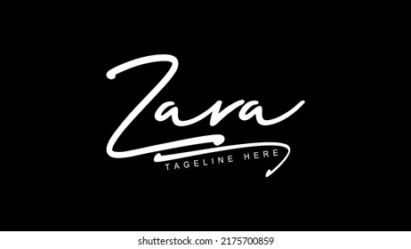 ZARA. Zara. creative calligraphy name logo, Stylish handwriting signature for name Zara, White color isolated on black background.