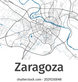 Zaragoza map. Detailed map of Zaragoza city administrative area. Cityscape panorama. Royalty free vector illustration. Outline map with highways, streets, rivers. Tourist decorative street map.