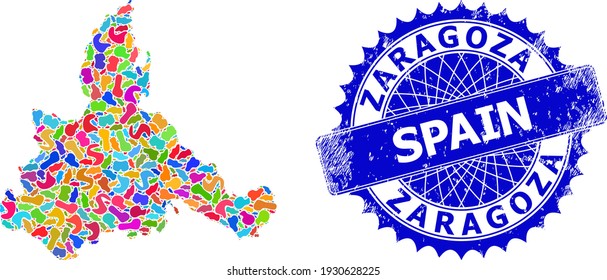 Mapa de ilustración plana de la provincia de Zaragoza. Collage y placa de grunge para el mapa de la provincia de Zaragoza. Sello azul rosetón afilado con leyenda para el mapa de la provincia de Zaragoza.