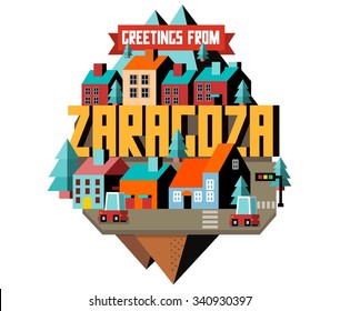Zaragoza in Spain is Beautiful city to visit on holiday, vector cartoon illustration