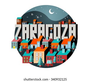 Zaragoza in Spain is Beautiful city to visit on holiday, vector cartoon illustration