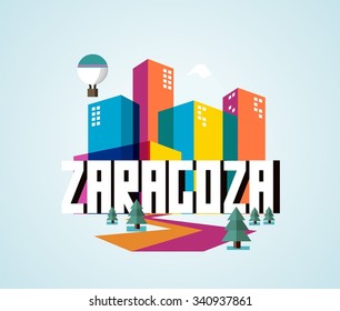 Zaragoza in Spain is Beautiful city to visit on holiday, vector cartoon illustration
