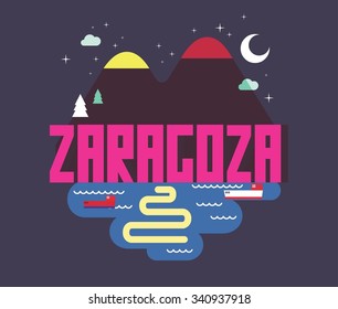 Zaragoza in Spain is Beautiful city to visit on holiday, vector cartoon illustration